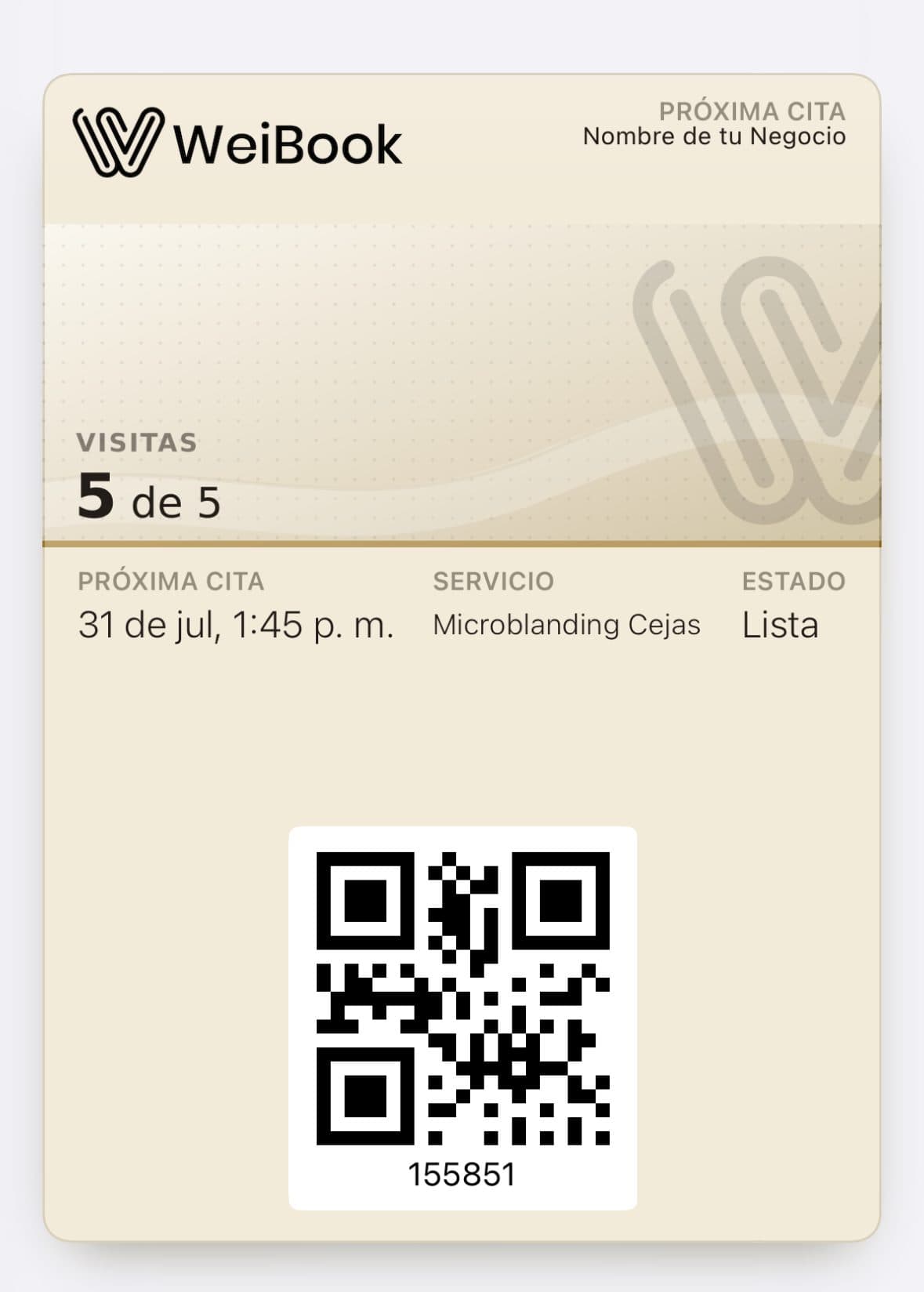 Pase WeiBook VIP del artículo de lanzamiento con cinco visitas, próxima cita, servicio, estado y QR de ejemplo.