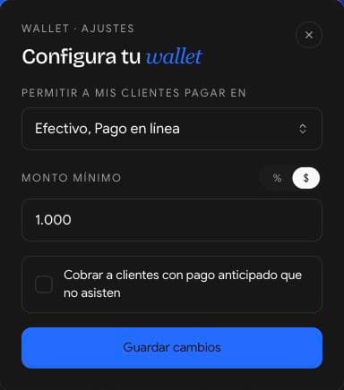 Configuración de Wallet en la consola: métodos de pago y monto mínimo como porcentaje o valor fijo.