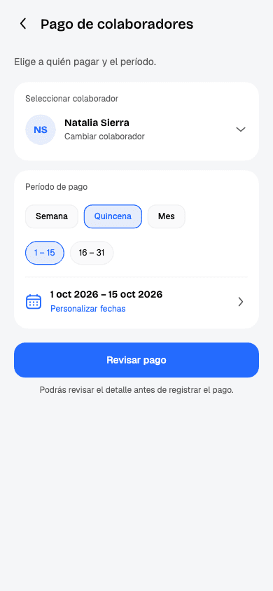 Pantalla de ejemplo de pago a colaboradores con selección de colaborador, período y botón Revisar pago.