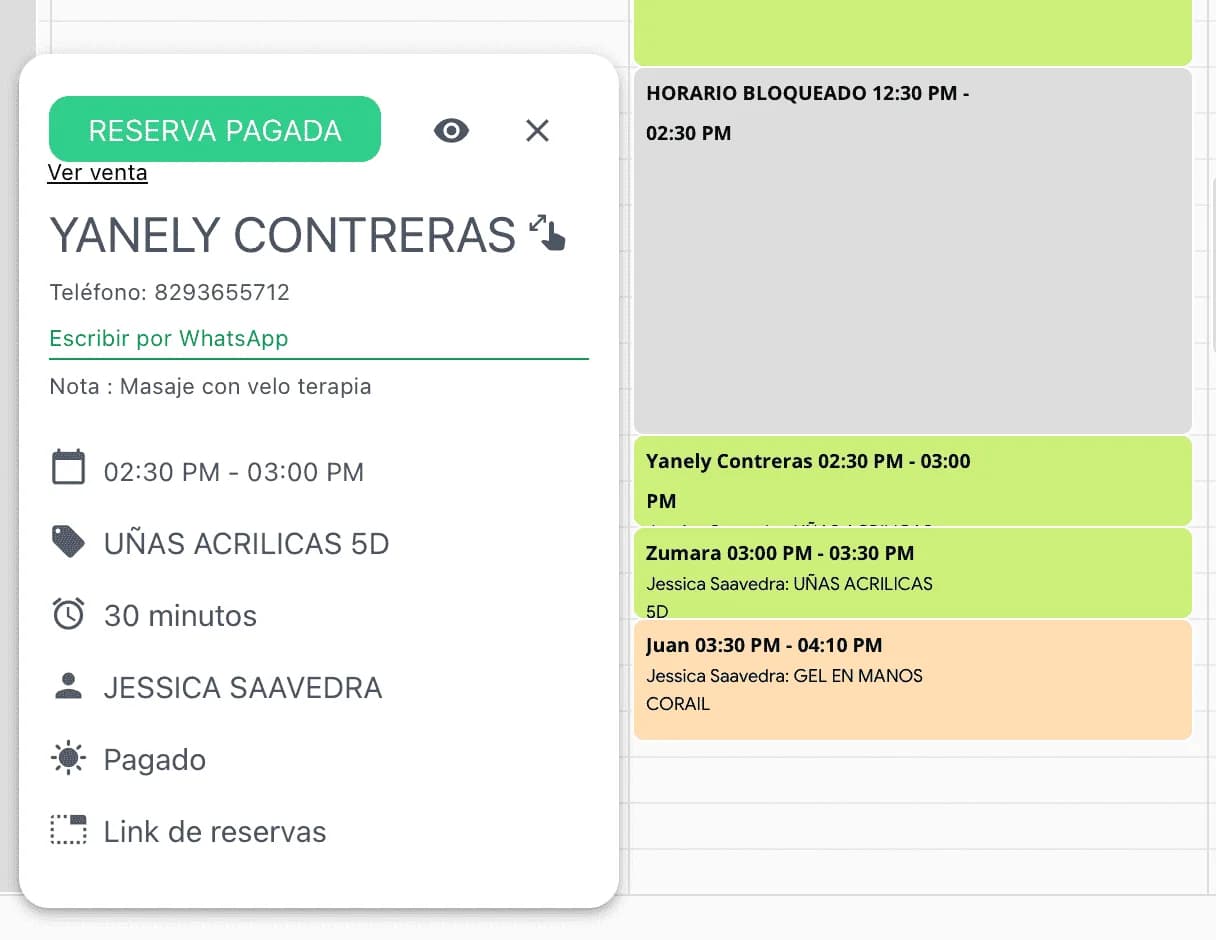 Vista detallada de una reserva confirmada y pagada en la agenda digital de Weibook, mostrando información de cliente, servicio, profesional asignado y duración