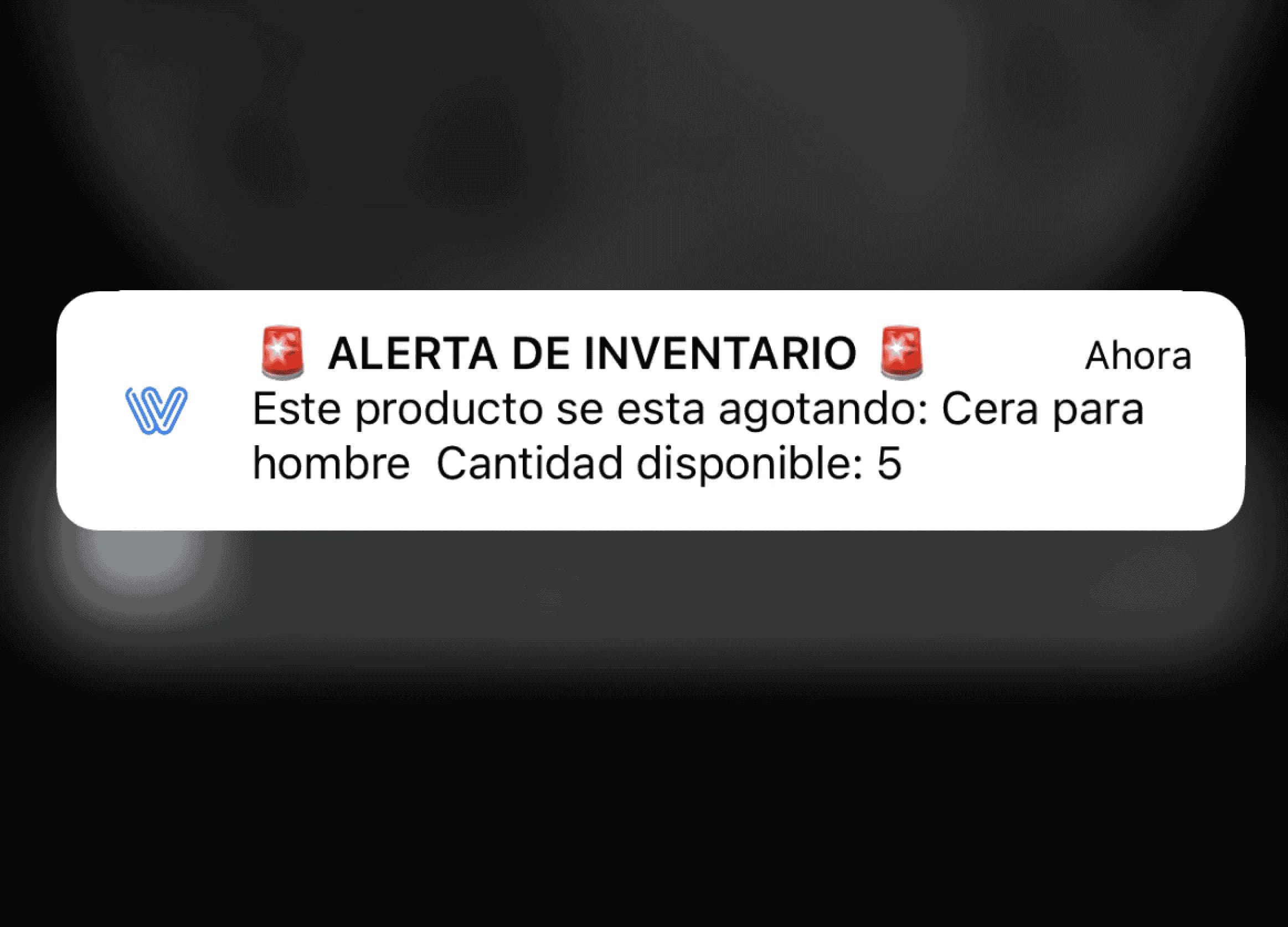 Notificación de alerta de inventario en Weibook indicando que un producto se está agotando