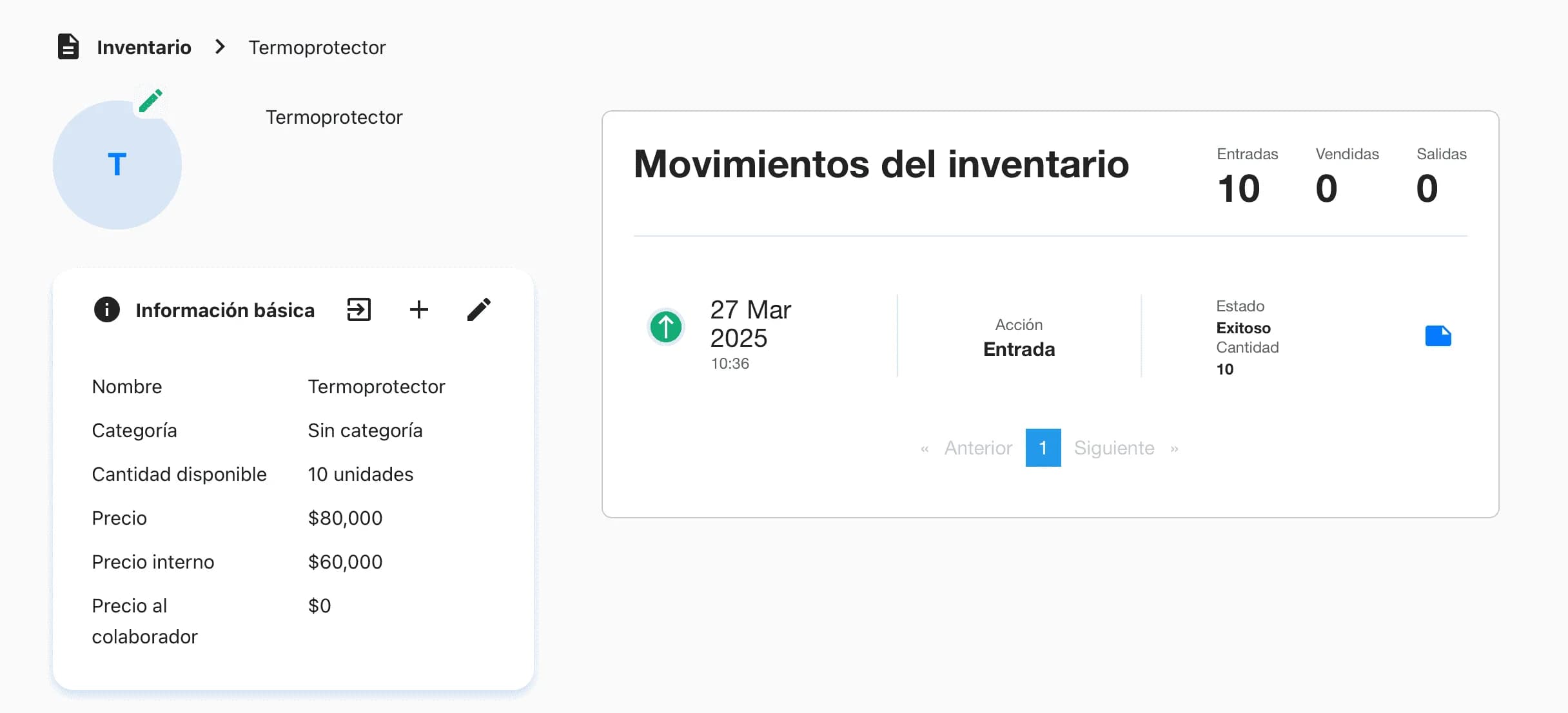 Vista de movimientos del inventario en Weibook, con registros de entradas, fechas, acciones y cantidades