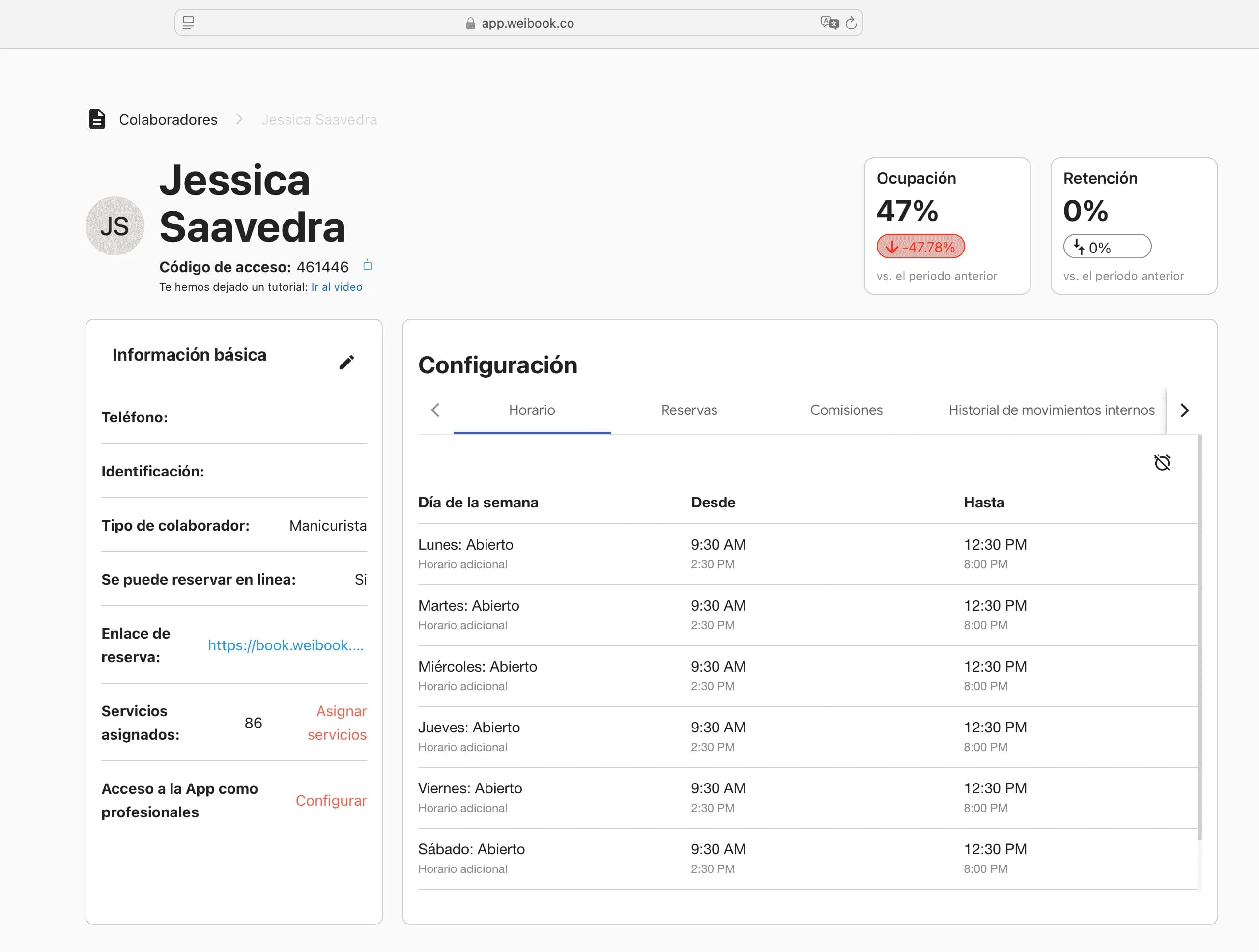 Vista de configuración del perfil de colaborador en Weibook, mostrando información personal, tipo de colaborador, horarios de trabajo y métricas de ocupación y retención