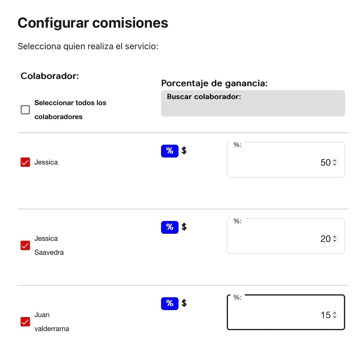 Configuración del porcentaje de comisión personalizado por colaborador en Weibook