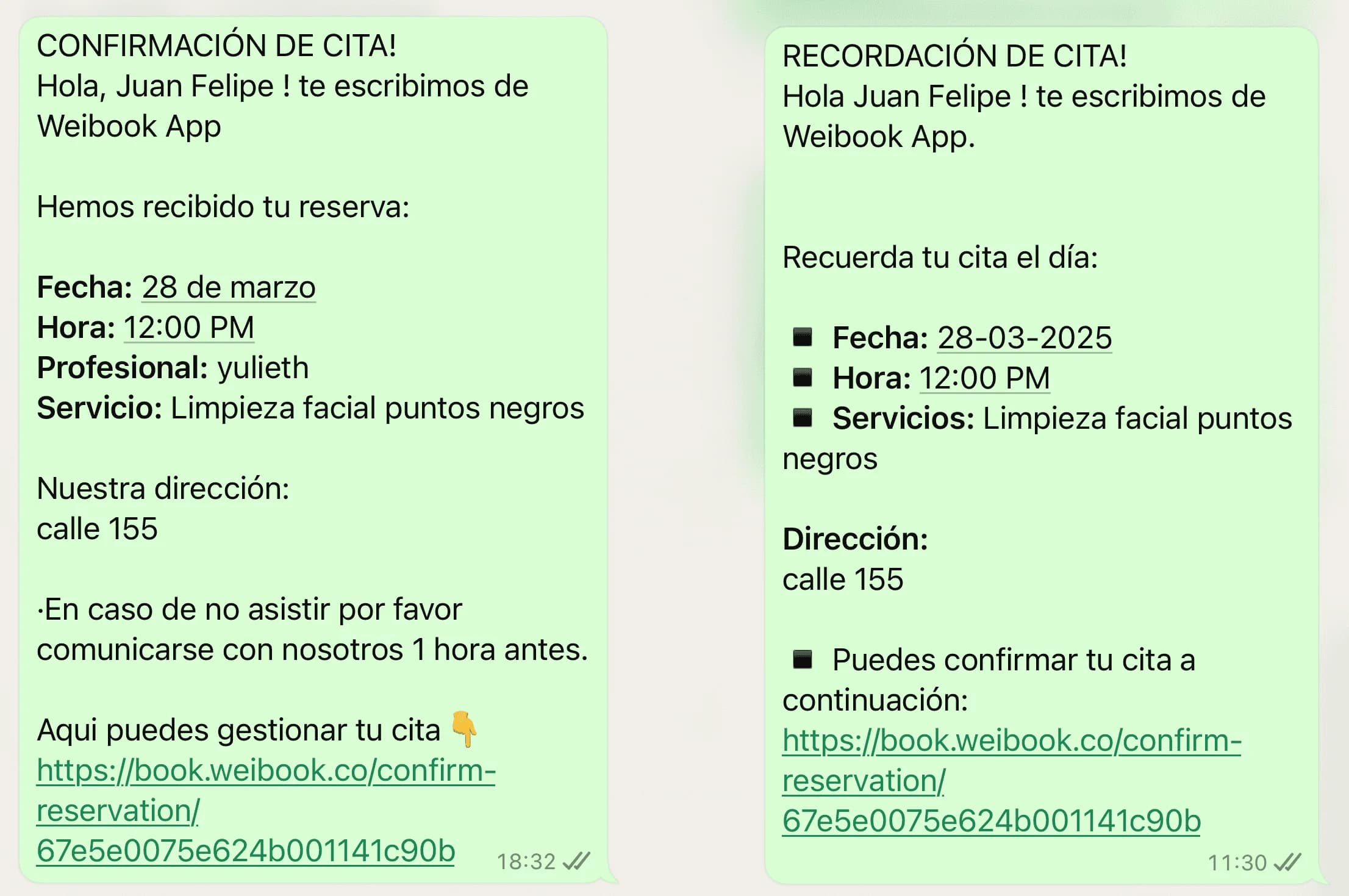 Mensaje automático de confirmación de cita enviado desde la app de Weibook