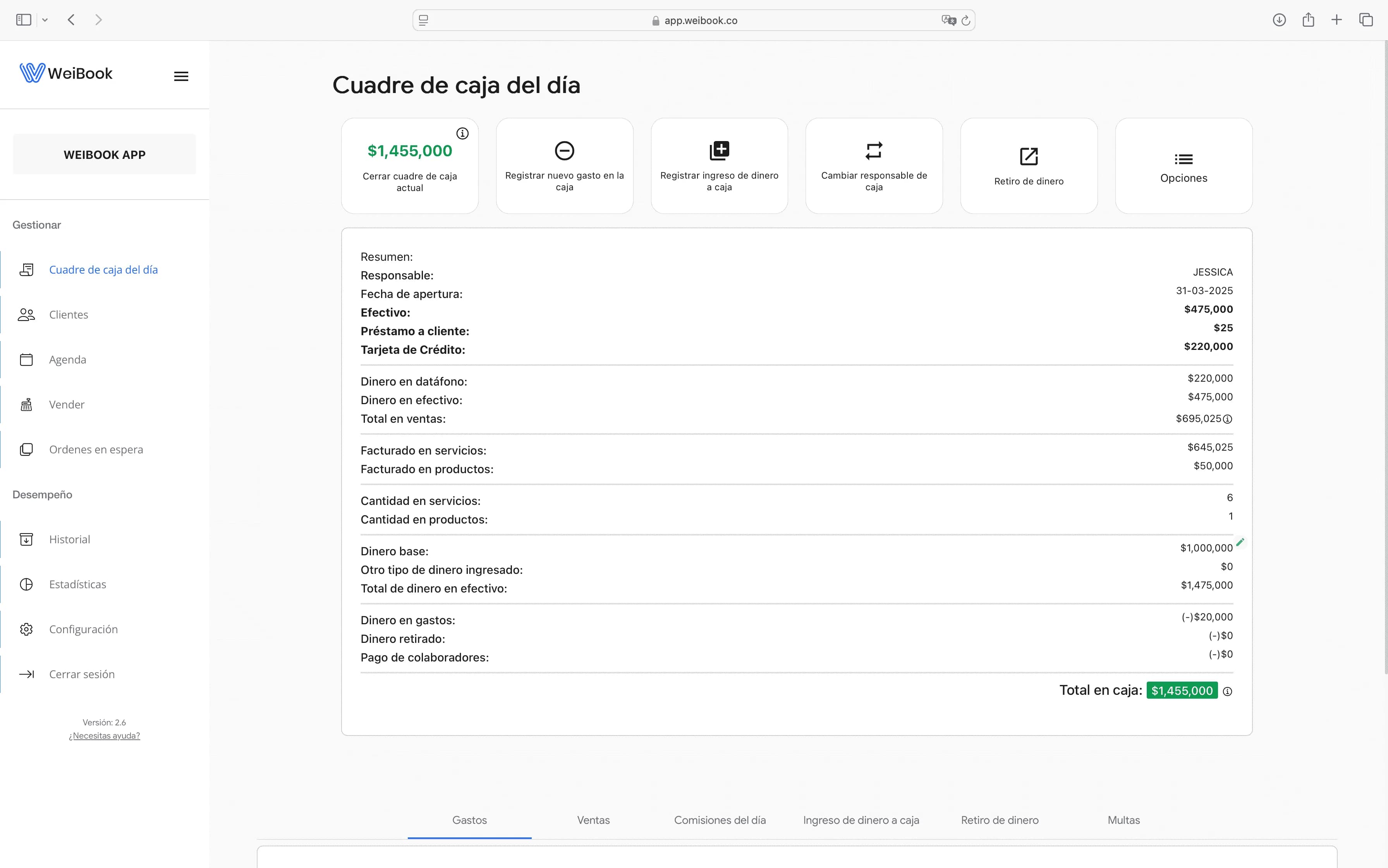 Daily cash reconciliation with detailed breakdown of income and expenses in Weibook
