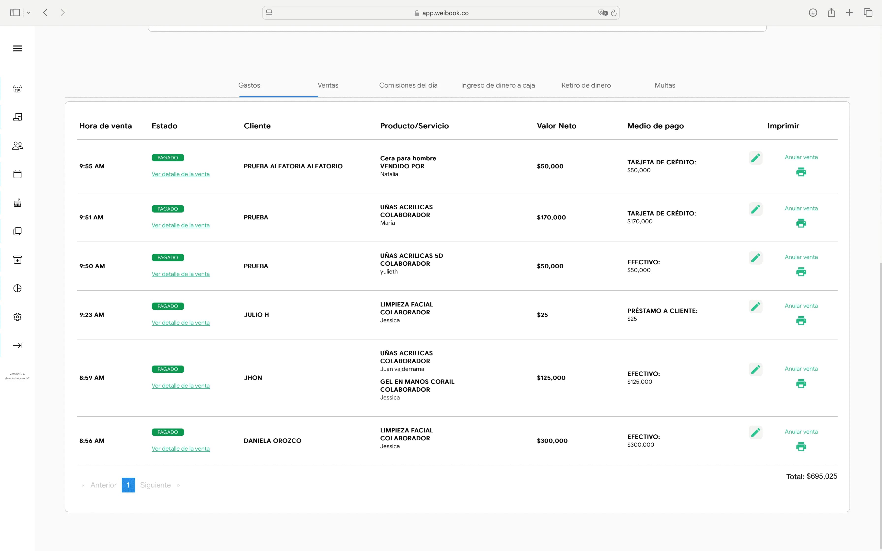 Sales panel with detailed transaction history, payment methods and options to cancel or print receipts