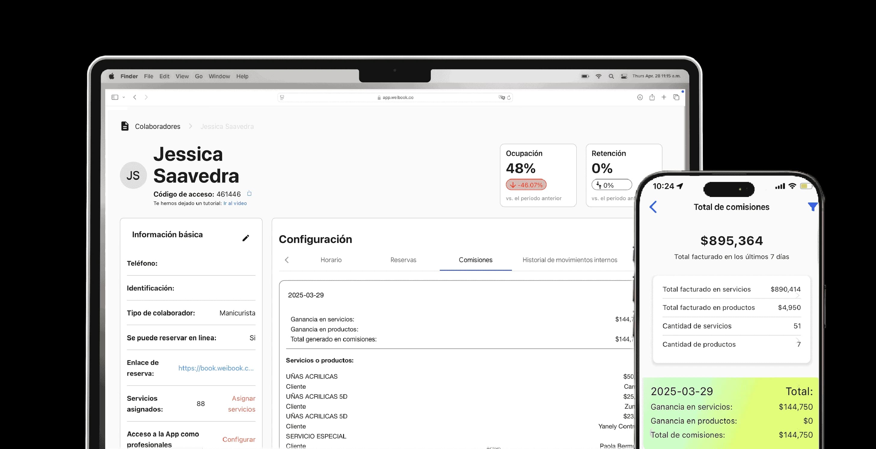 Vista combinada en ordenador y móvil del historial de comisiones por colaborador en Weibook