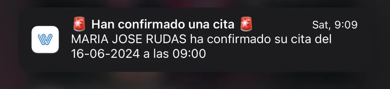 Automatic appointment confirmation notification sent by Weibook