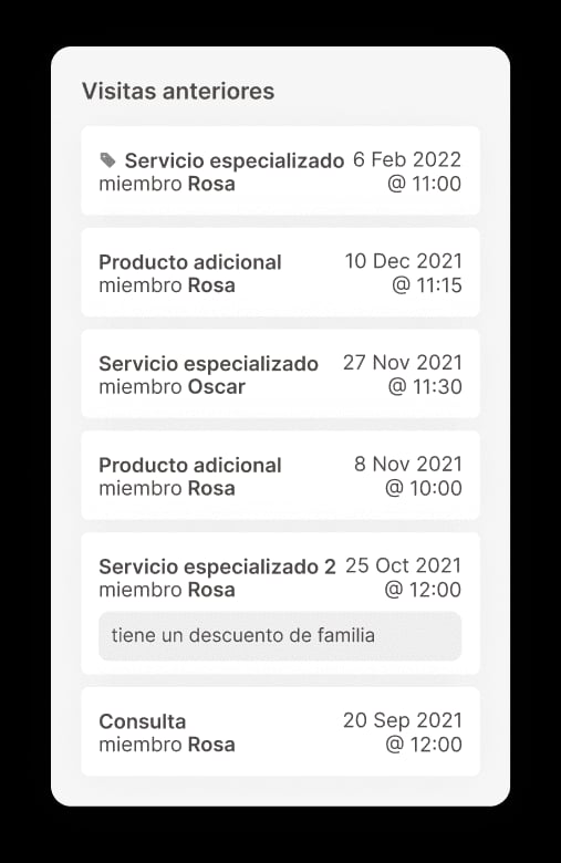 Previous client visits history registered in Weibook app