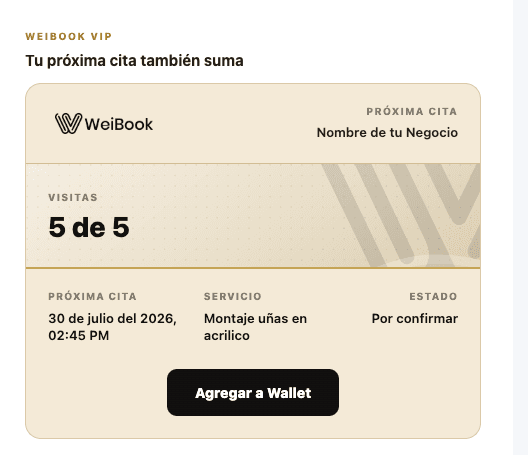 Pantalla de WeiBook VIP publicada en el blog: visitas, próxima cita, servicio, estado y botón Agregar a Wallet.