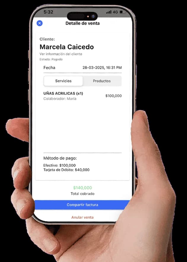 Détail de vente mobile avec méthode de paiement et résumé du service