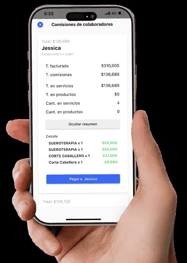 Écran mobile avec détail des commissions en attente de paiement à un collaborateur dans Weibook