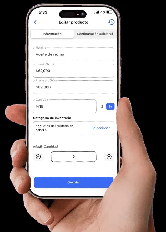 Pantalla móvil de Weibook para editar un producto del inventario, incluyendo precios, comisión y stock
