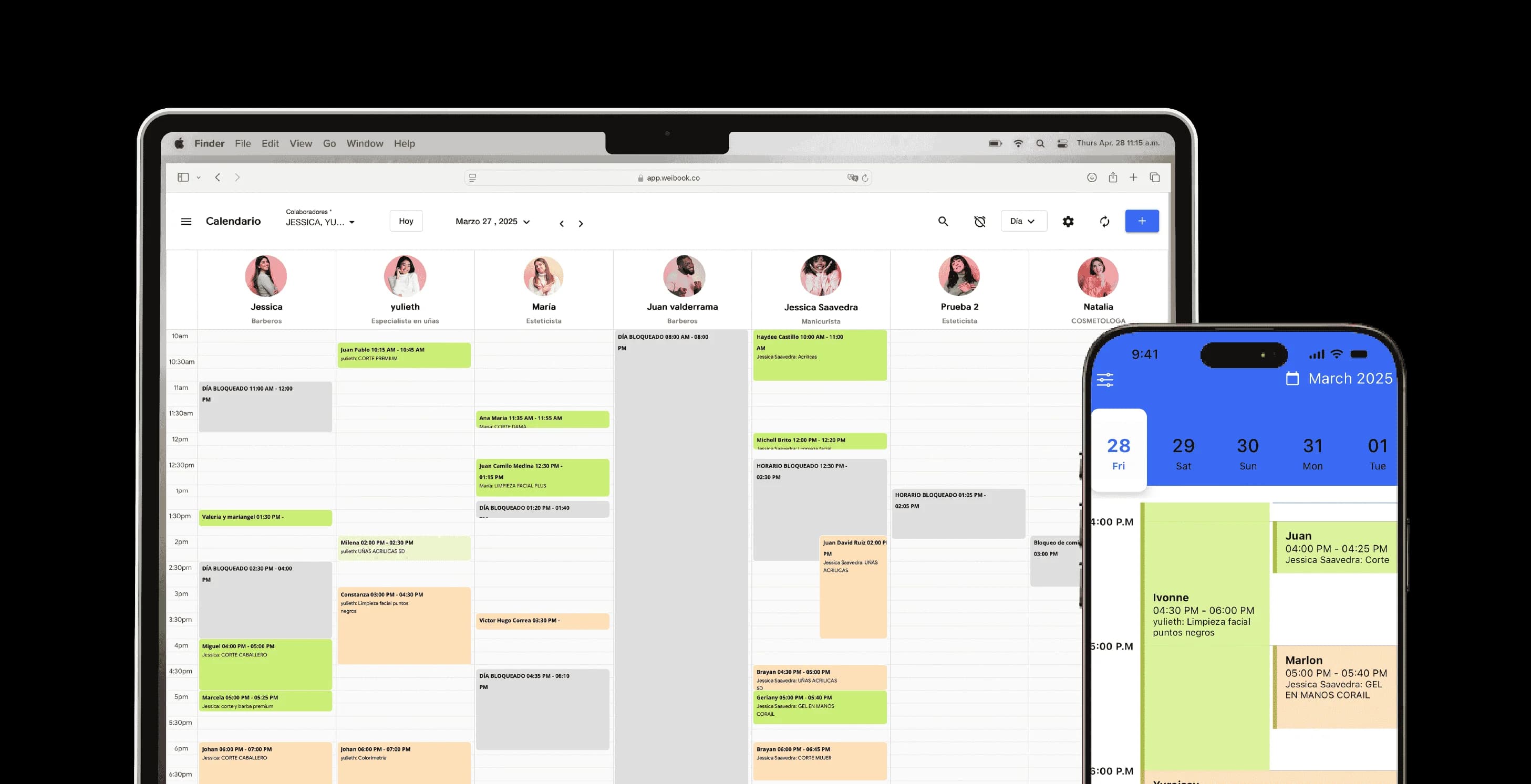 Agenda de citas de Weibook accesible desde ordenador y móvil, diseñada para salones de belleza