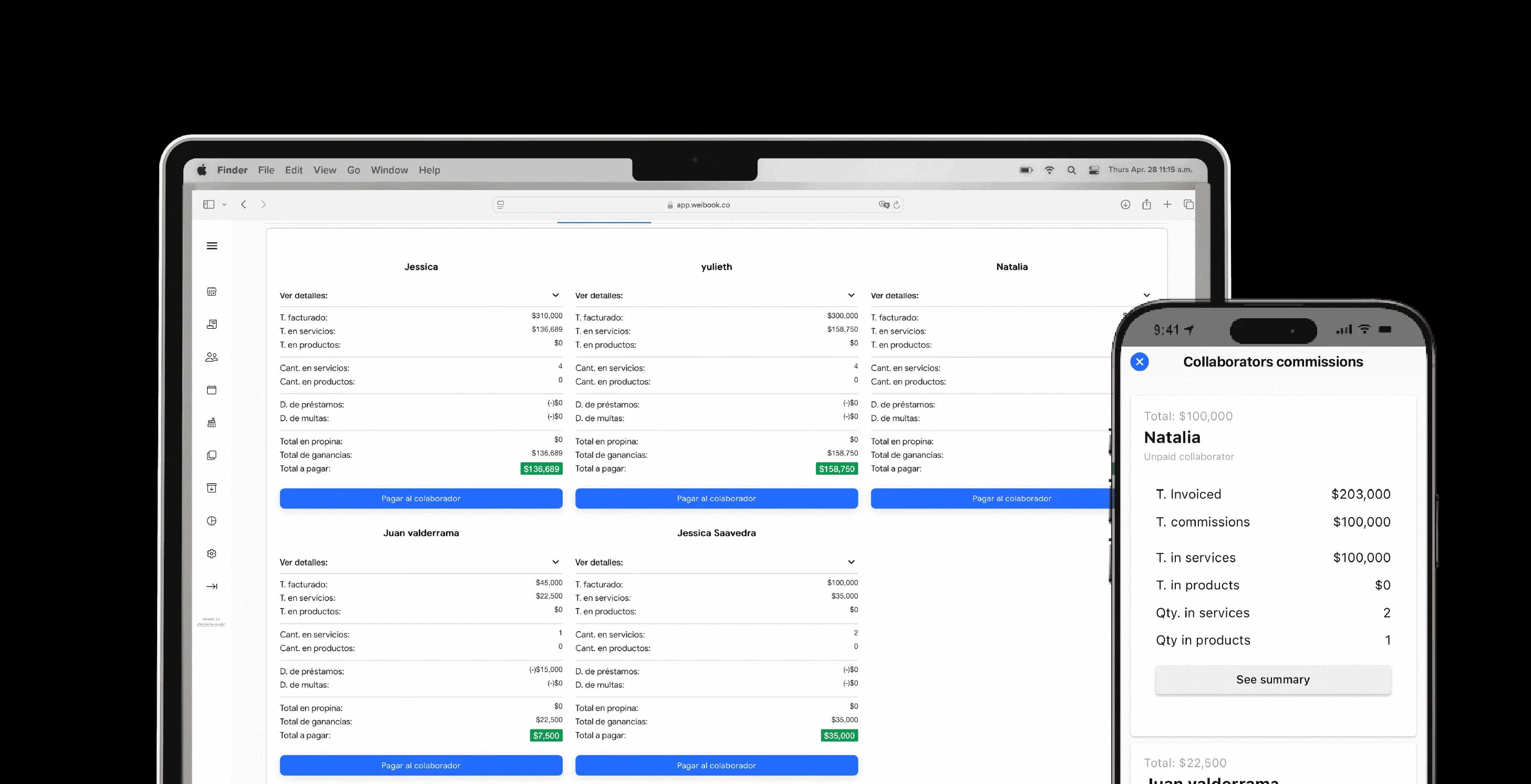 Cálculo automatizado de comisiones para colaboradores desde el panel de Weibook en ordenador y móvil