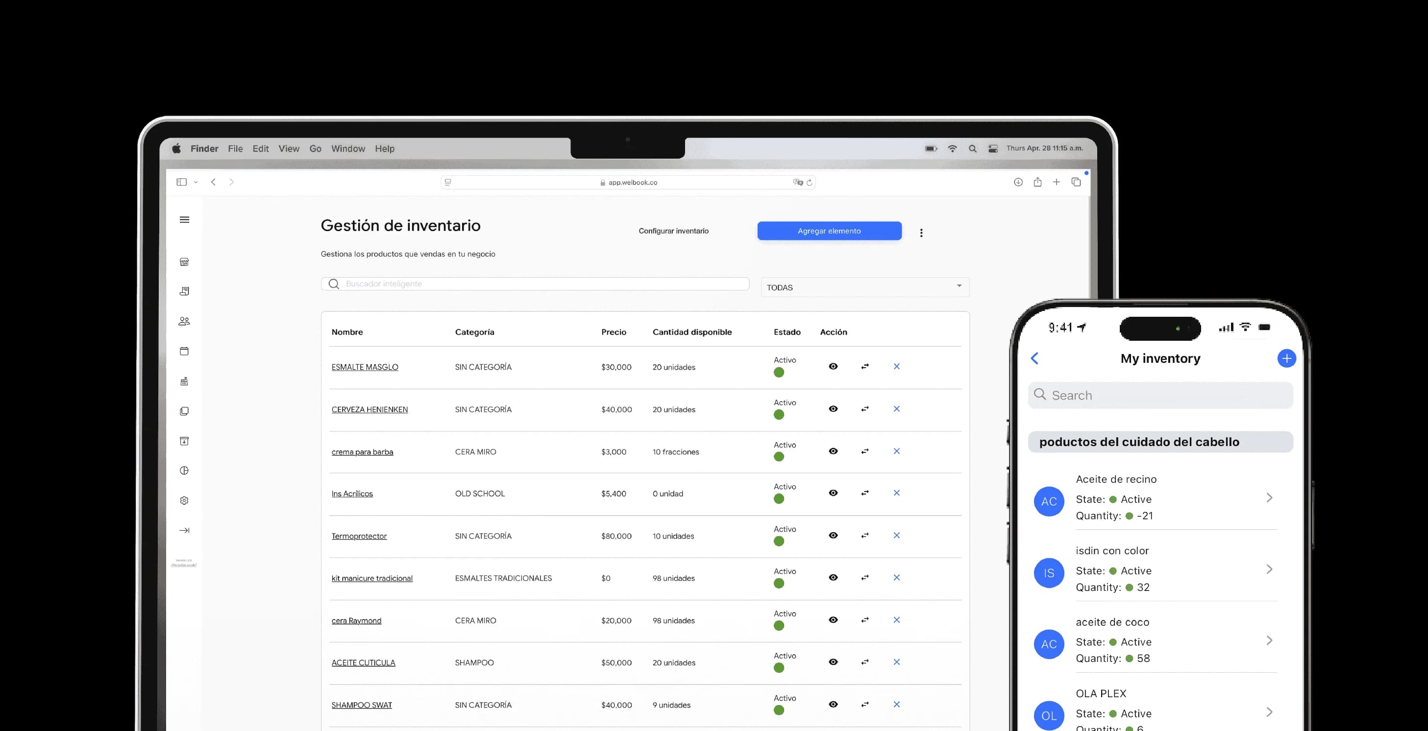 Gestión de inventario en Weibook mostrando productos y stock disponibles desde ordenador y móvil