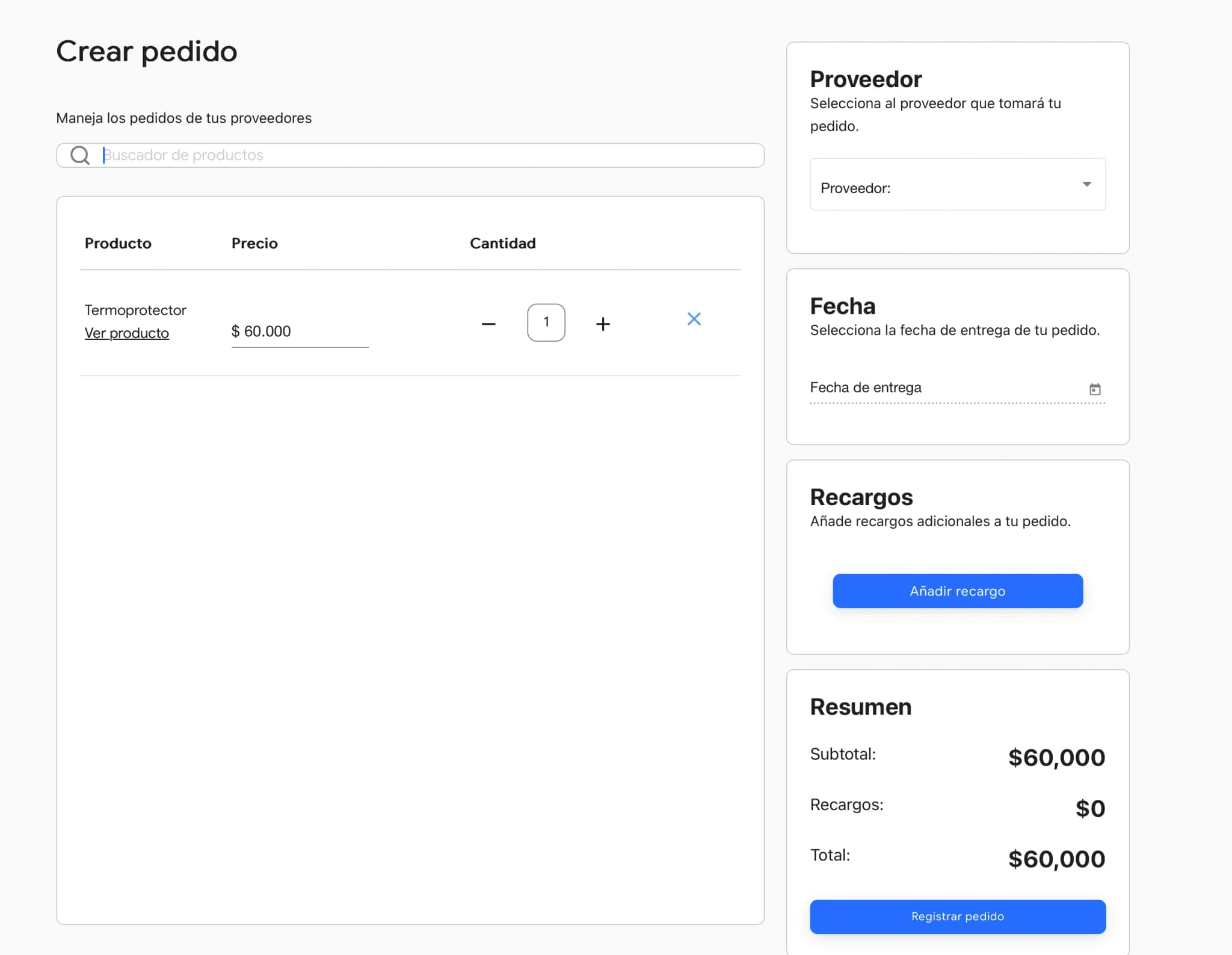 Formulario en Weibook para crear pedidos a proveedores, con selección de producto, cantidad y proveedor