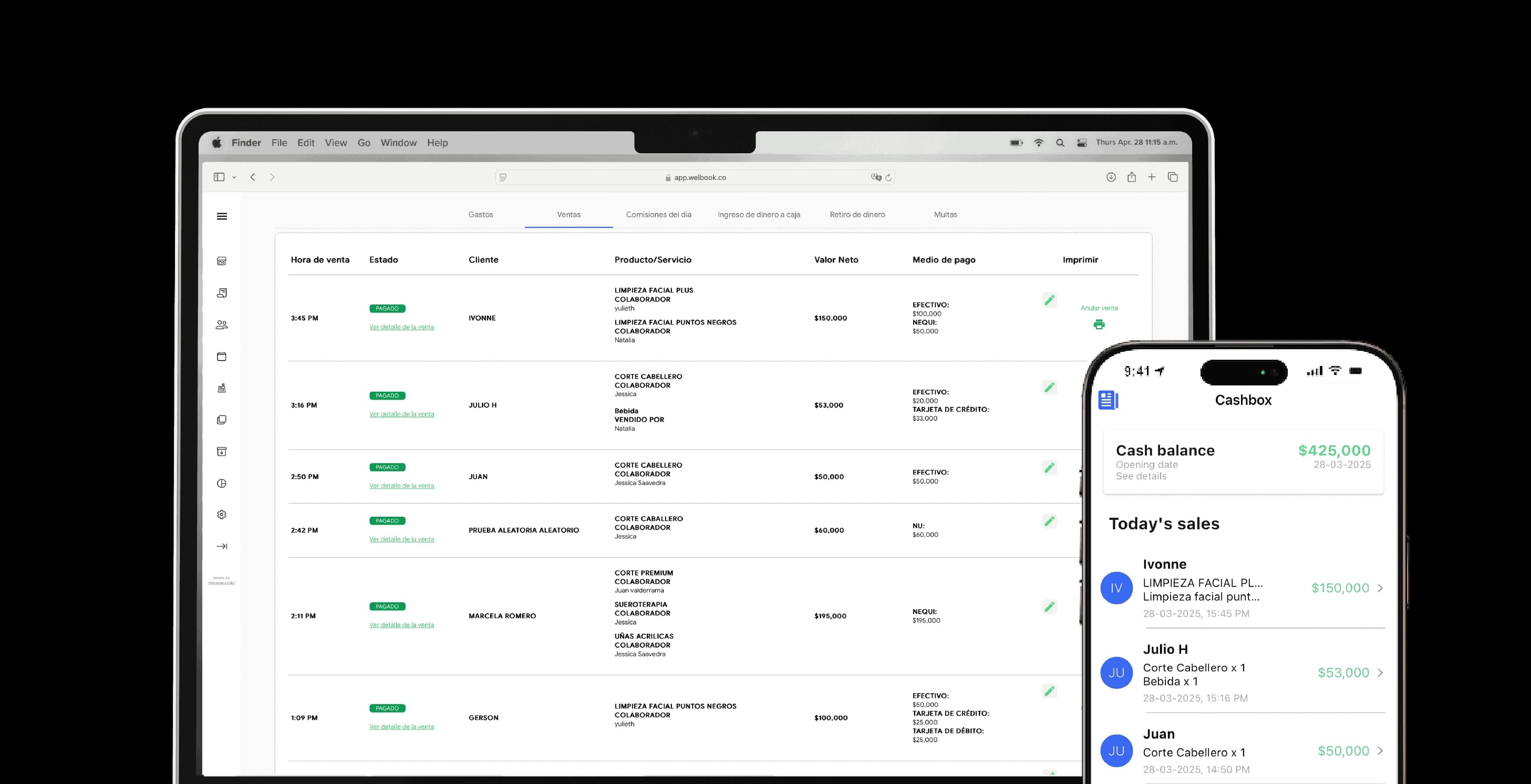 Vista del sistema de caja y control de ventas en tiempo real de Weibook desde ordenador y móvil