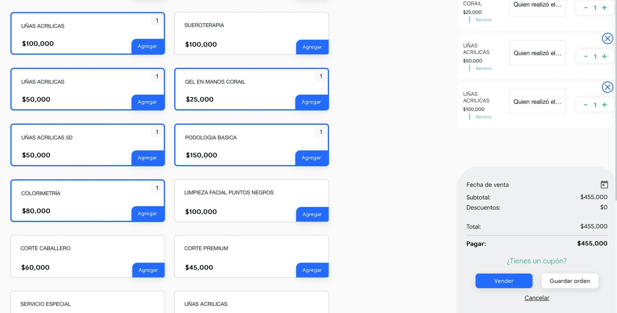 Interface de caisse pour ajouter des services et appliquer des charges depuis Weibook